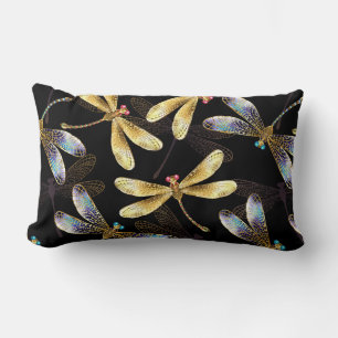 Seamless Pattern with Golden Dragonflies Lumbar Cushion