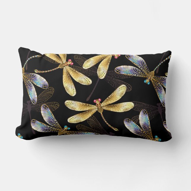 Seamless Pattern with Golden Dragonflies Lumbar Cushion (Front)