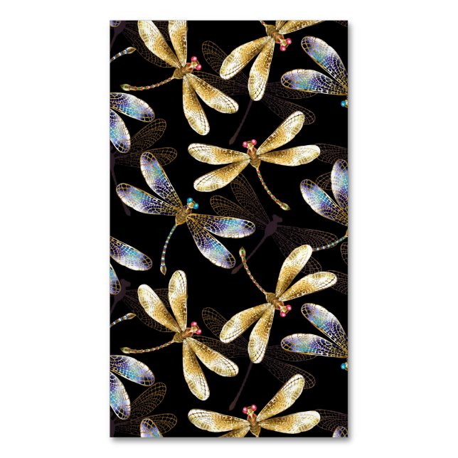 Seamless Pattern with Golden Dragonflies Magnetic Business Card (Front Vertical)