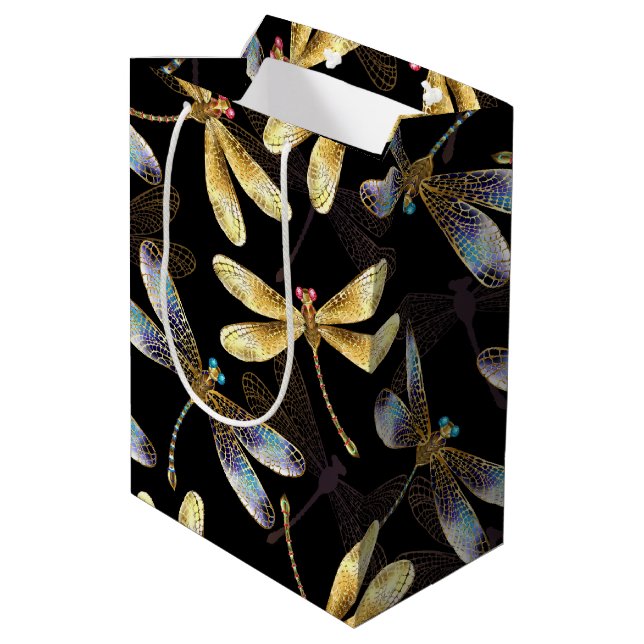 Seamless Pattern with Golden Dragonflies Medium Gift Bag (Back Angled)