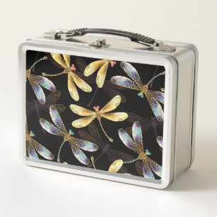 Seamless Pattern with Golden Dragonflies Metal Lunch Box