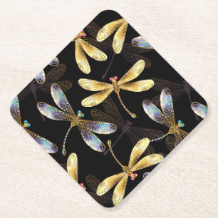 Seamless Pattern with Golden Dragonflies Paper Coaster