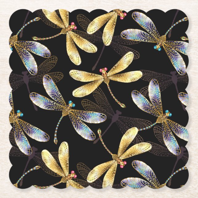 Seamless Pattern with Golden Dragonflies Paper Coaster (Front)