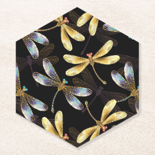 Seamless Pattern with Golden Dragonflies Paper Coaster