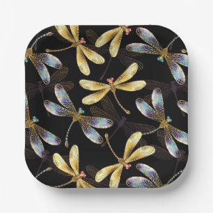 Seamless Pattern with Golden Dragonflies Paper Plate
