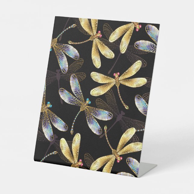 Seamless Pattern with Golden Dragonflies Pedestal Sign (Front)