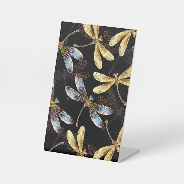 Seamless Pattern with Golden Dragonflies Pedestal Sign (Front)