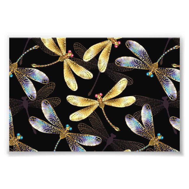 Seamless Pattern with Golden Dragonflies Photo Print (Front)