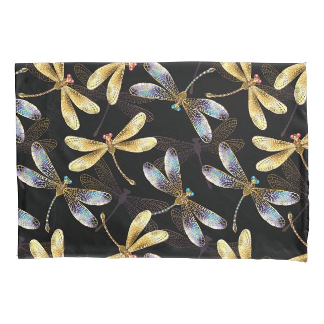 Seamless Pattern with Golden Dragonflies Pillowcase (Front-Left)