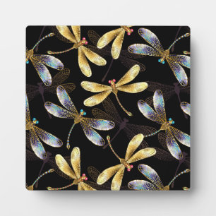 Seamless Pattern with Golden Dragonflies Plaque