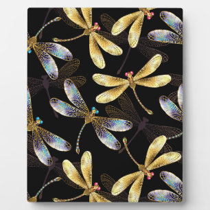 Seamless Pattern with Golden Dragonflies Plaque