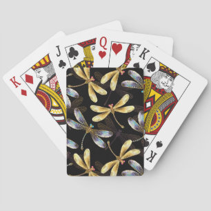 Seamless Pattern with Golden Dragonflies Playing Cards