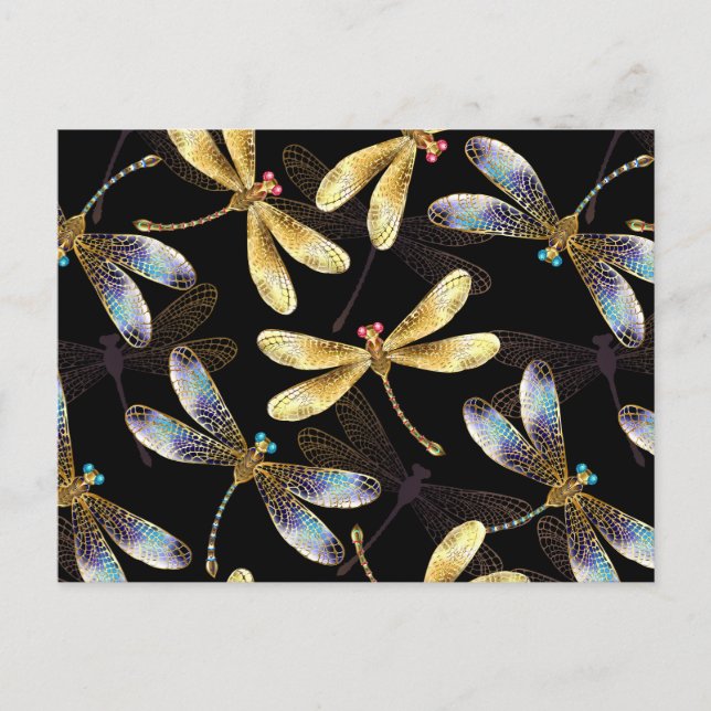 Seamless Pattern with Golden Dragonflies Postcard (Front)
