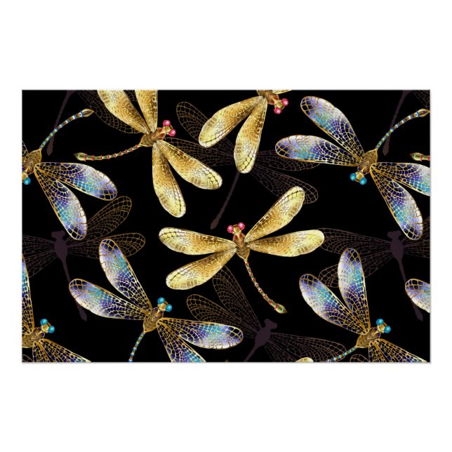 Seamless Pattern with Golden Dragonflies Poster (Front)