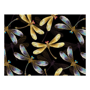 Seamless Pattern with Golden Dragonflies Poster