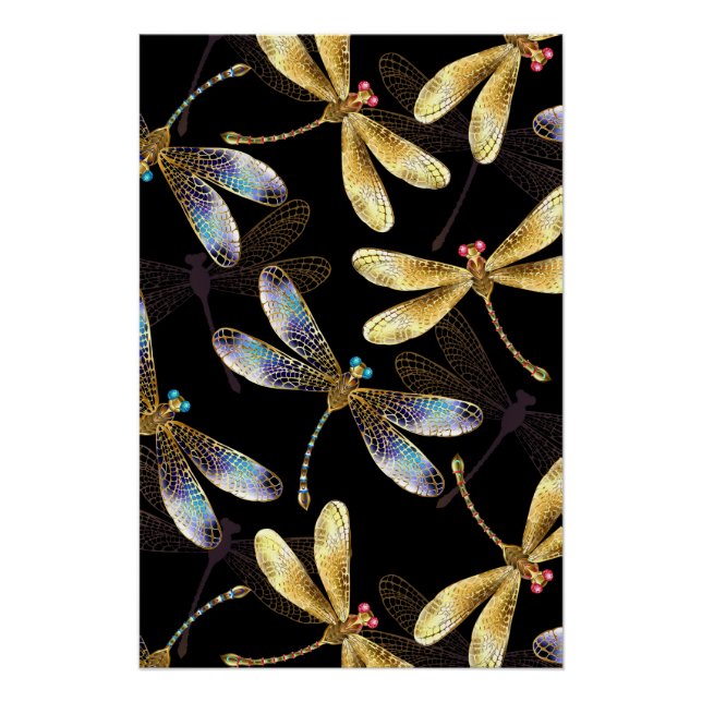 Seamless Pattern with Golden Dragonflies Poster (Front)