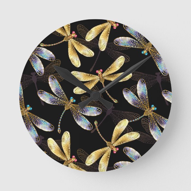 Seamless Pattern with Golden Dragonflies Round Clock (Front)