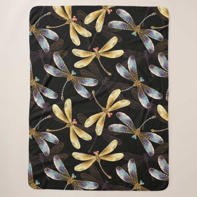 Seamless Pattern with Golden Dragonflies Sherpa Blanket (Front)
