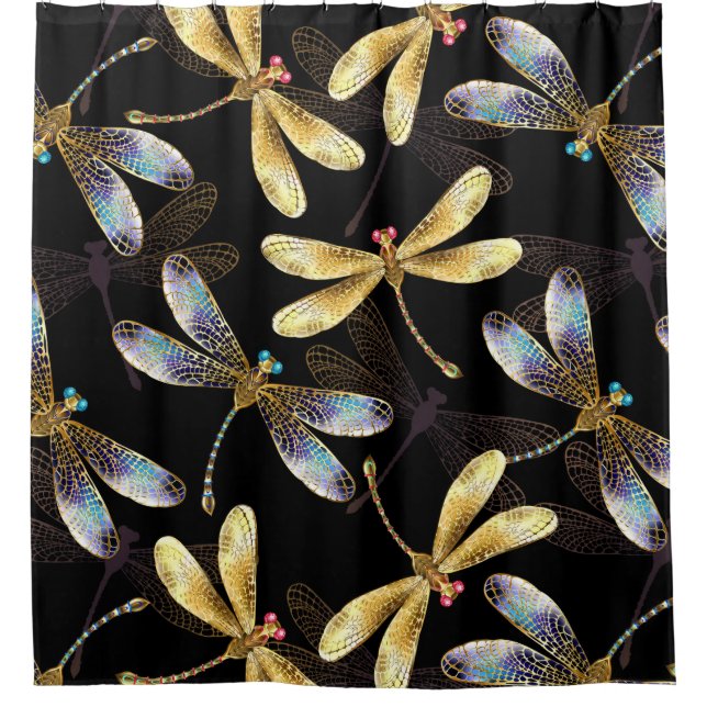 Seamless Pattern with Golden Dragonflies Shower Curtain (Front)