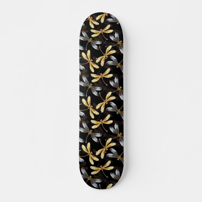 Seamless Pattern with Golden Dragonflies Skateboard (Front)