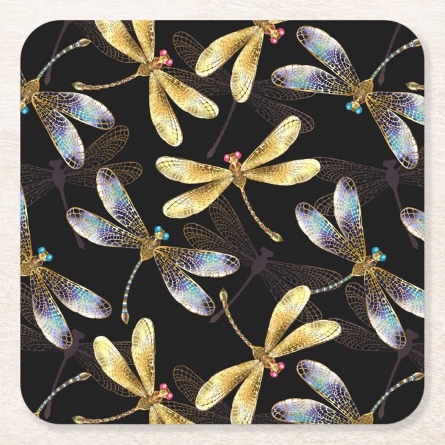 Seamless Pattern with Golden Dragonflies Square Paper Coaster (Front)