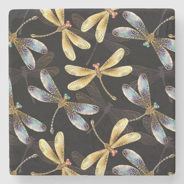 Seamless Pattern with Golden Dragonflies Stone Coaster (Front)