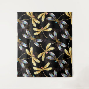 Seamless Pattern with Golden Dragonflies Tapestry