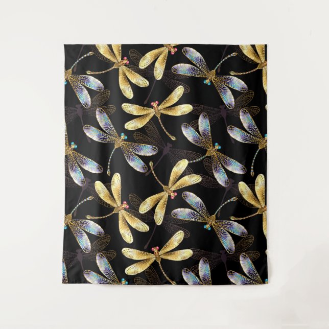 Seamless Pattern with Golden Dragonflies Tapestry (Front)