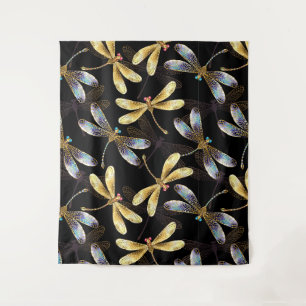 Seamless Pattern with Golden Dragonflies Tapestry