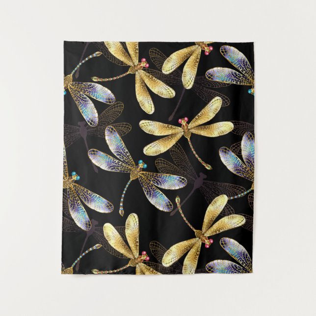 Seamless Pattern with Golden Dragonflies Tapestry (Front)