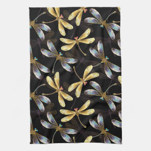 Seamless Pattern with Golden Dragonflies Tea Towel