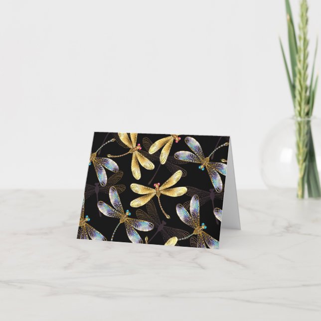 Seamless Pattern with Golden Dragonflies Thank You Card (Front)