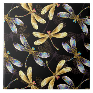 Seamless Pattern with Golden Dragonflies Tile