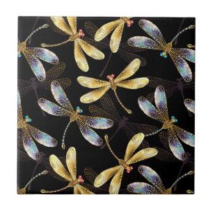 Seamless Pattern with Golden Dragonflies Tile