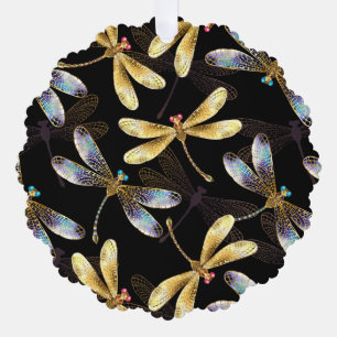 Seamless Pattern with Golden Dragonflies Tree Decoration Card