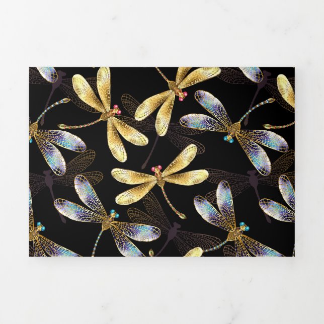 Seamless Pattern with Golden Dragonflies Tri-Fold Card (Cover)