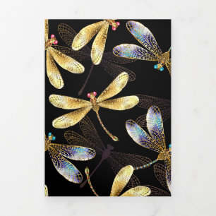 Seamless Pattern with Golden Dragonflies Tri-Fold Holiday Card