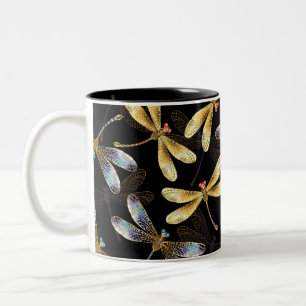Seamless Pattern with Golden Dragonflies Two-Tone Coffee Mug