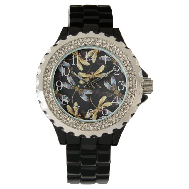 Seamless Pattern with Golden Dragonflies Watch (Front)