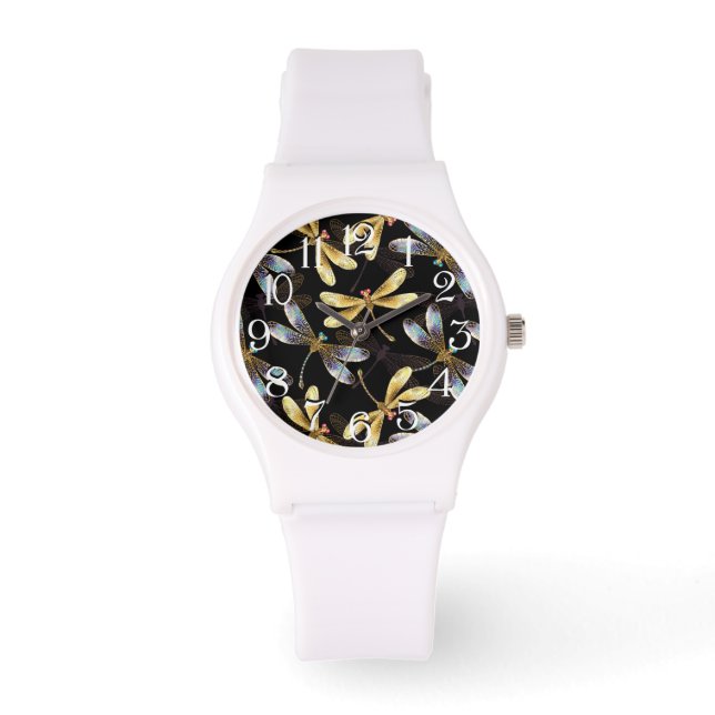 Seamless Pattern with Golden Dragonflies Watch (Front)