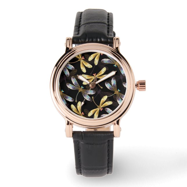 Seamless Pattern with Golden Dragonflies Watch (Front)