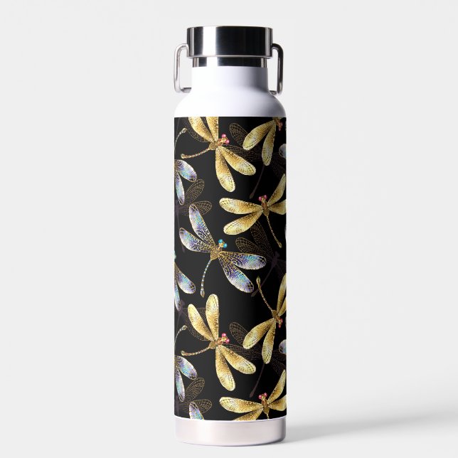 Seamless Pattern with Golden Dragonflies Water Bottle (Front)