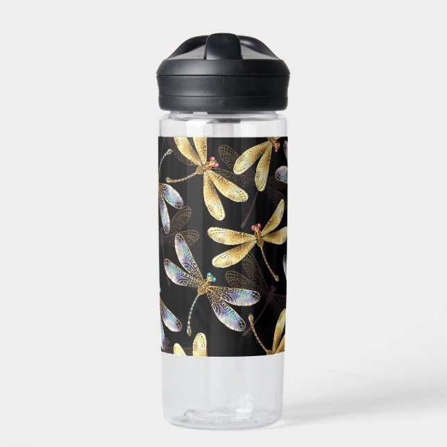 Seamless Pattern with Golden Dragonflies Water Bottle (Front)