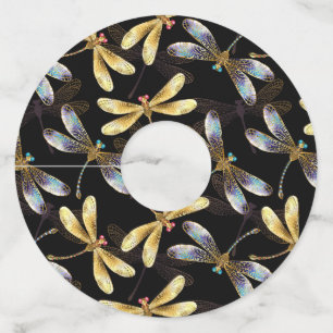 Seamless Pattern with Golden Dragonflies Wine Glass Tag