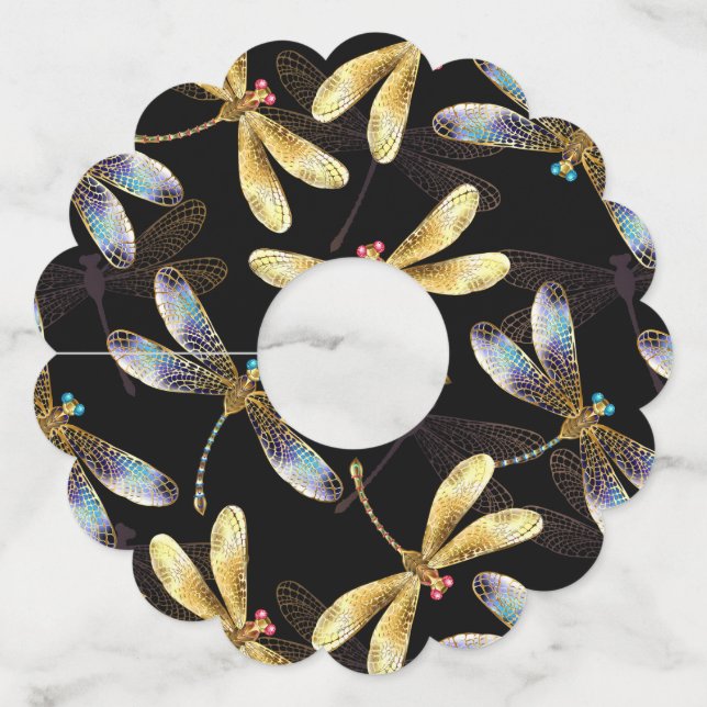 Seamless Pattern with Golden Dragonflies Wine Glass Tag (Front)