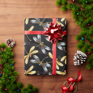 Seamless Pattern with Golden Dragonflies Wrapping Paper