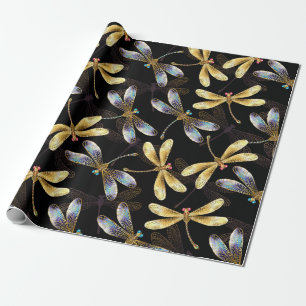 Seamless Pattern with Golden Dragonflies Wrapping Paper