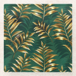 Seamless pattern with golden ferns glass coaster