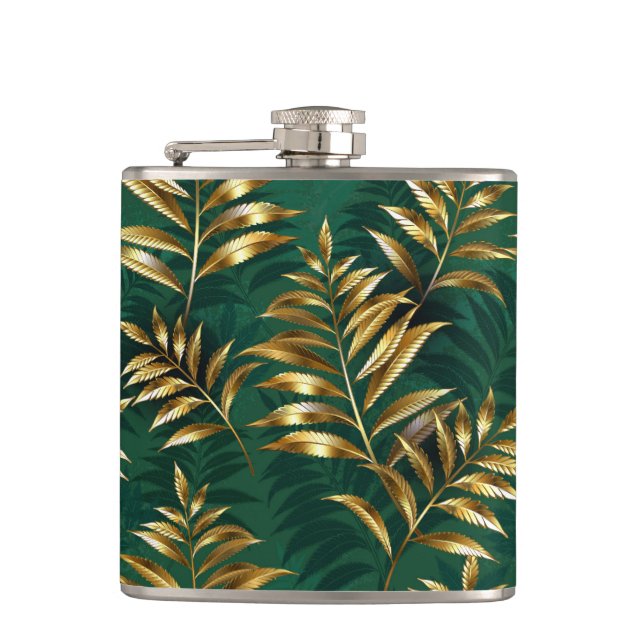 Seamless pattern with golden ferns hip flask (Front)