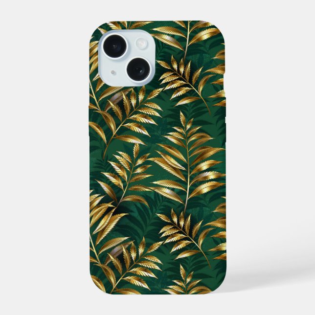 Seamless pattern with golden ferns iPhone 15 case (Back)